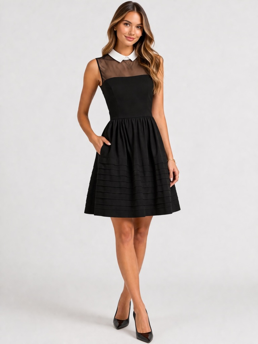 Betsey johnson Black Fit & Flare Dress with Peter Pan Collar size 14 Mesh Top